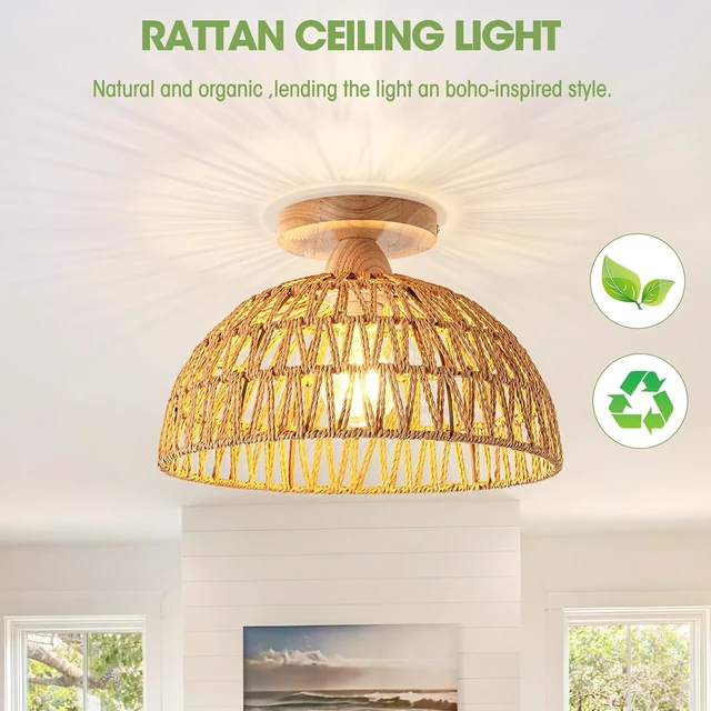 Alt view image 5 of 7 - 2 Packs Boho Light Rattan Chandelier Ceiling Lighting Fixtures,Boho Lamp Shade Flush Mount Ceiling Light Hand-Woven Small Chandelier for Hallway Bedroom Kitchen Nursery Lights