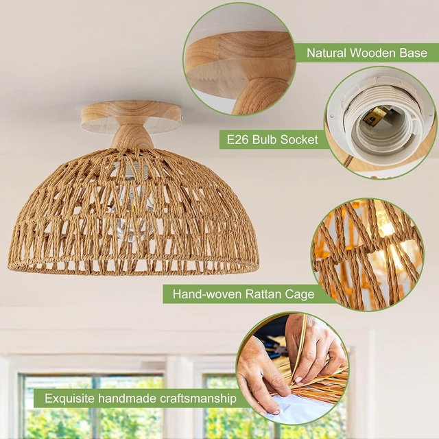 Alt view image 6 of 7 - 2 Packs Boho Light Rattan Chandelier Ceiling Lighting Fixtures,Boho Lamp Shade Flush Mount Ceiling Light Hand-Woven Small Chandelier for Hallway Bedroom Kitchen Nursery Lights