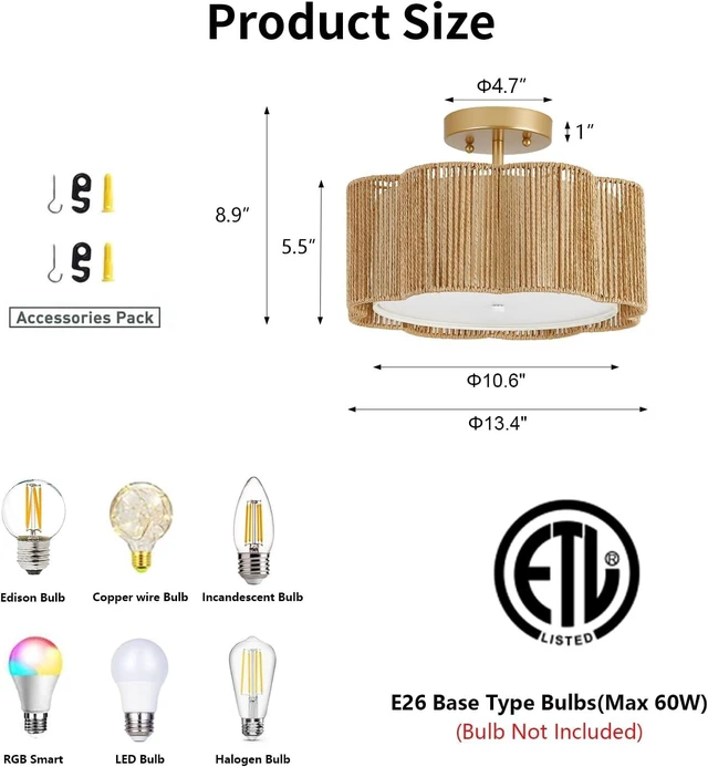 Alt view image 2 of 7 - 13 Inch Rattan Flush Mount Ceiling Light Fixtures 2-Light Boho Light Fixtures for Bedroom,Close to Ceiling Light Modern for Hallway Kitchen Entryway Dining Room