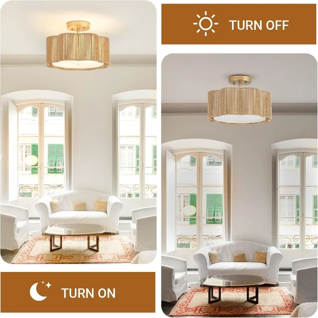 Alt view image 3 of 7 - 13 Inch Rattan Flush Mount Ceiling Light Fixtures 2-Light Boho Light Fixtures for Bedroom,Close to Ceiling Light Modern for Hallway Kitchen Entryway Dining Room