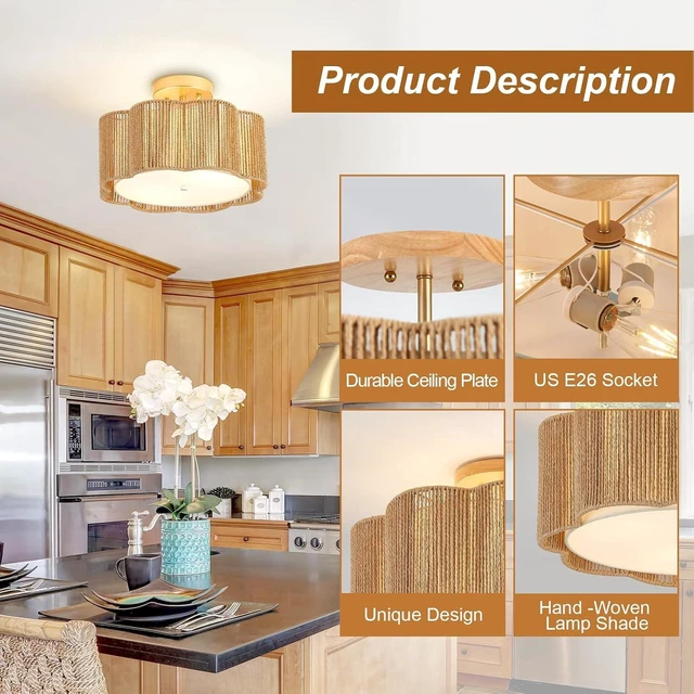 Alt view image 4 of 7 - 13 Inch Rattan Flush Mount Ceiling Light Fixtures 2-Light Boho Light Fixtures for Bedroom,Close to Ceiling Light Modern for Hallway Kitchen Entryway Dining Room