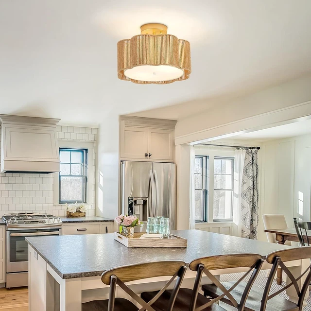 Alt view image 5 of 7 - 13 Inch Rattan Flush Mount Ceiling Light Fixtures 2-Light Boho Light Fixtures for Bedroom,Close to Ceiling Light Modern for Hallway Kitchen Entryway Dining Room