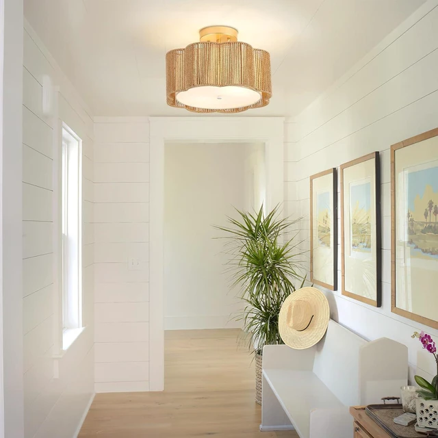 Alt view image 6 of 7 - 13 Inch Rattan Flush Mount Ceiling Light Fixtures 2-Light Boho Light Fixtures for Bedroom,Close to Ceiling Light Modern for Hallway Kitchen Entryway Dining Room