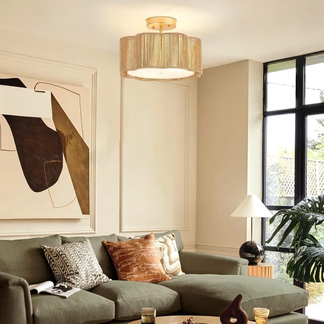 Alt view image 7 of 7 - 13 Inch Rattan Flush Mount Ceiling Light Fixtures 2-Light Boho Light Fixtures for Bedroom,Close to Ceiling Light Modern for Hallway Kitchen Entryway Dining Room