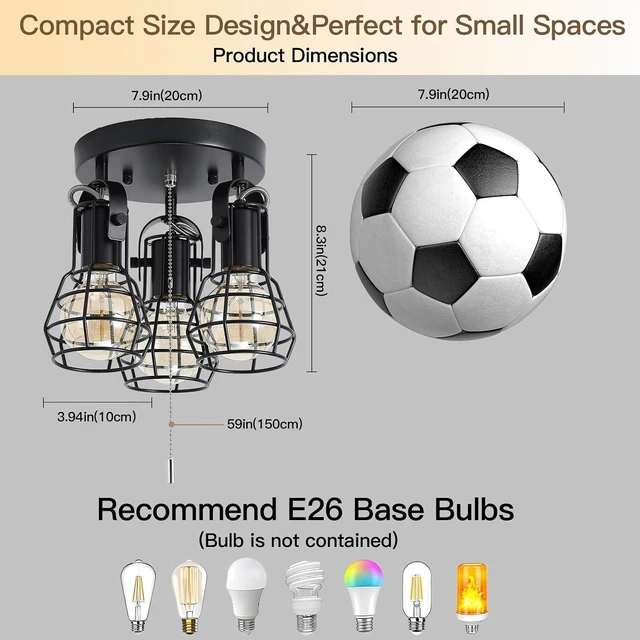 Alt view image 2 of 7 - KEESFU 3-Light Semi Flush Mount Ceiling Light, Industrial Black Metal Cage Ceiling Light Fixture with Pull Chain, Adjustable Multi-Directional E26 Socket for Kitchen, Bedroom, Hallway, Dining Room