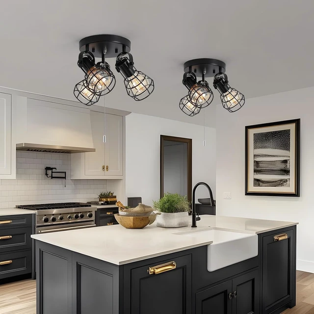 Alt view image 3 of 7 - KEESFU 3-Light Semi Flush Mount Ceiling Light, Industrial Black Metal Cage Ceiling Light Fixture with Pull Chain, Adjustable Multi-Directional E26 Socket for Kitchen, Bedroom, Hallway, Dining Room
