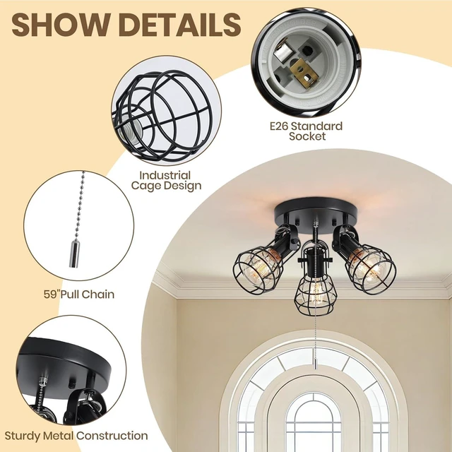 Alt view image 4 of 7 - KEESFU 3-Light Semi Flush Mount Ceiling Light, Industrial Black Metal Cage Ceiling Light Fixture with Pull Chain, Adjustable Multi-Directional E26 Socket for Kitchen, Bedroom, Hallway, Dining Room