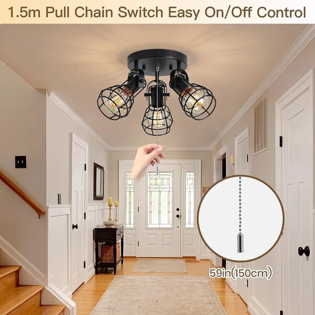Alt view image 5 of 7 - KEESFU 3-Light Semi Flush Mount Ceiling Light, Industrial Black Metal Cage Ceiling Light Fixture with Pull Chain, Adjustable Multi-Directional E26 Socket for Kitchen, Bedroom, Hallway, Dining Room