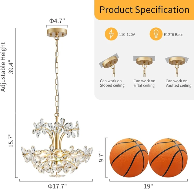 Alt view image 2 of 7 - WUZUPS Crystal Chandelier Pendant Flushmount Ceiling Light Modern Lighting Fixture for Bedroom Hallway Bar Kitchen Bathroom, H 15.7" x W 17.7", Gold, E12 Base
