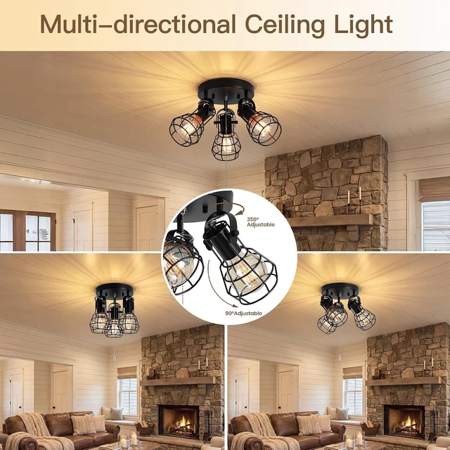Alt view image 6 of 7 - KEESFU 3-Light Semi Flush Mount Ceiling Light, Industrial Black Metal Cage Ceiling Light Fixture with Pull Chain, Adjustable Multi-Directional E26 Socket for Kitchen, Bedroom, Hallway, Dining Room