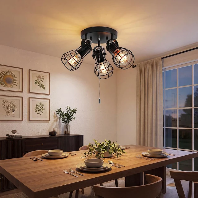 Alt view image 7 of 7 - KEESFU 3-Light Semi Flush Mount Ceiling Light, Industrial Black Metal Cage Ceiling Light Fixture with Pull Chain, Adjustable Multi-Directional E26 Socket for Kitchen, Bedroom, Hallway, Dining Room
