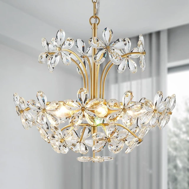 Main image of WUZUPS Crystal Chandelier Pendant Flushmount Ceiling Light Modern Lighting Fixture for Bedroom Hallway Bar Kitchen Bathroom, H 15.7" x W 17.7", Gold, E12 Base