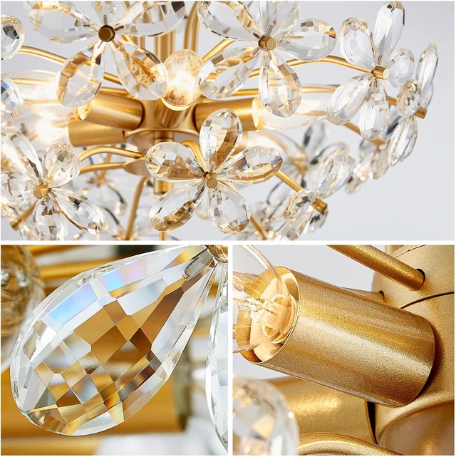 Alt view image 5 of 7 - WUZUPS Crystal Chandelier Pendant Flushmount Ceiling Light Modern Lighting Fixture for Bedroom Hallway Bar Kitchen Bathroom, H 15.7" x W 17.7", Gold, E12 Base