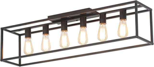 Main image of 6 Lights Black Farmhouse Flush Mount Ceiling Light 38" Vintage Rectangle Close to Ceiling Light for Living Room Kitchen Island
