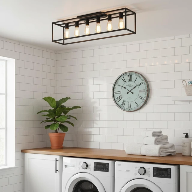 Alt view image 6 of 7 - 6 Lights Black Farmhouse Flush Mount Ceiling Light 38" Vintage Rectangle Close to Ceiling Light for Living Room Kitchen Island