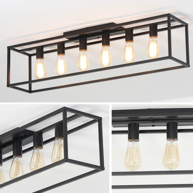 Alt view image 4 of 7 - 6 Lights Black Farmhouse Flush Mount Ceiling Light 38" Vintage Rectangle Close to Ceiling Light for Living Room Kitchen Island