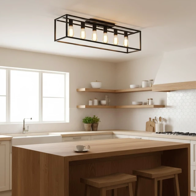 Alt view image 2 of 7 - 6 Lights Black Farmhouse Flush Mount Ceiling Light 38" Vintage Rectangle Close to Ceiling Light for Living Room Kitchen Island