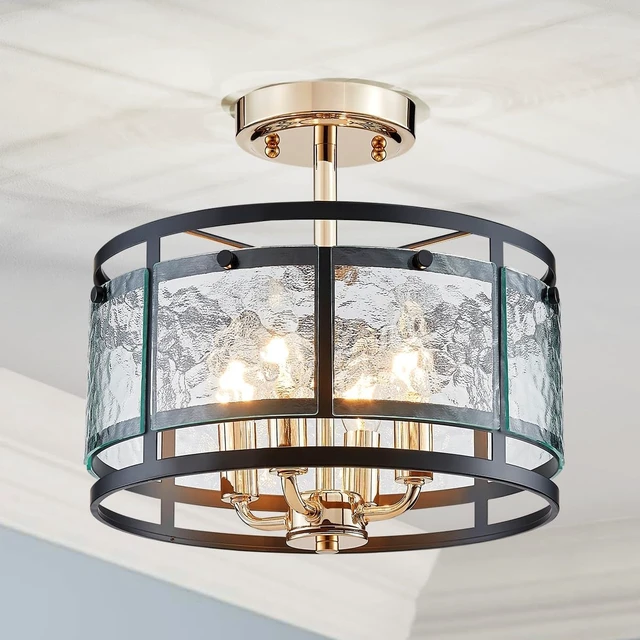 Main image of AGV LIGHTING Ceiling Light Fixture, Semi Flush Ceiling Light, 4-Lights, Hazy GlassMatte Black & Shine Gold Finish, D12 x H8 inch