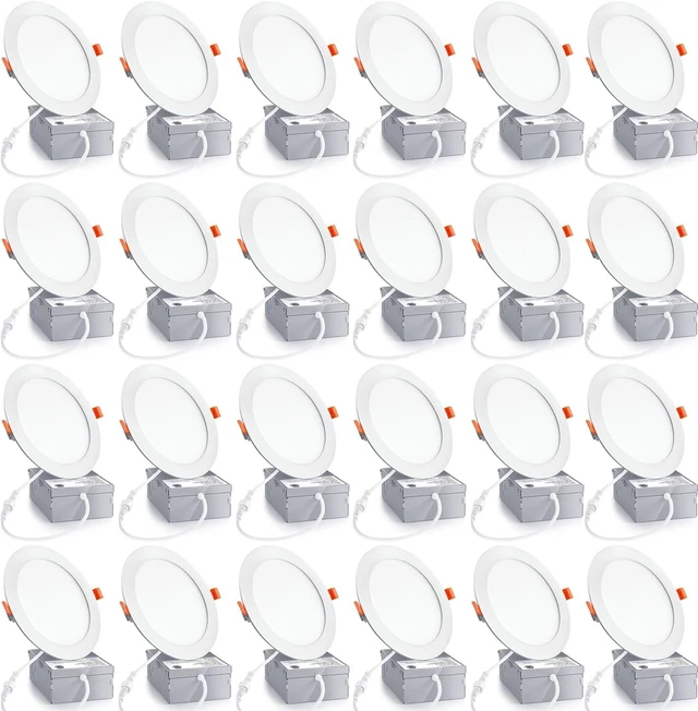 Main image of 24 Pack 6 Inch Ultra-Thin LED Recessed Ceiling Light with Junction Box,6500K Clear White,12W Eqv,100W Canless Downlight,led recessed Lighting Lights (6500K,6 Inch-24Pack)