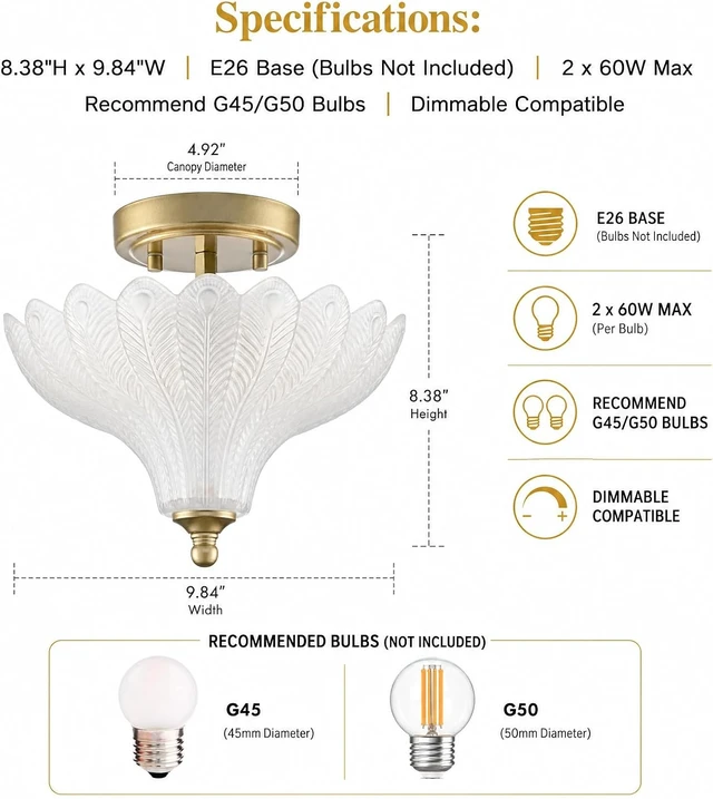 Alt view image 3 of 7 - CLAXY 2-Light Gold Semi Flush Mount Ceiling Light with Frosted Glass Shade