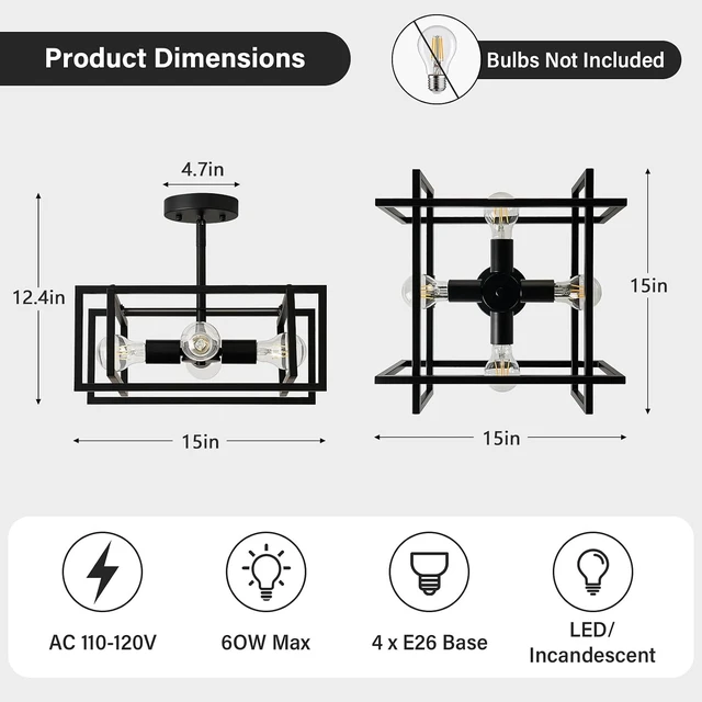 Alt view image 3 of 7 - Black Ceiling Light, 4-Light Semi Flush Mount Kitchen Light Fixture