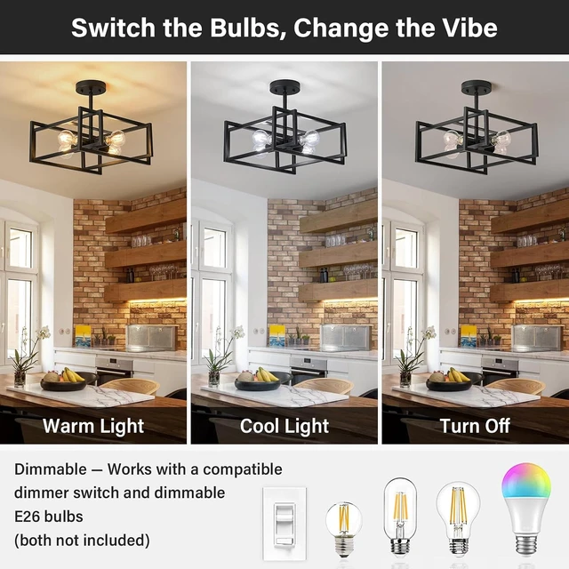Alt view image 5 of 7 - Black Ceiling Light, 4-Light Semi Flush Mount Kitchen Light Fixture