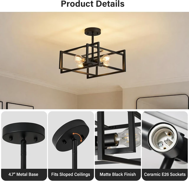Alt view image 4 of 7 - Black Ceiling Light, 4-Light Semi Flush Mount Kitchen Light Fixture