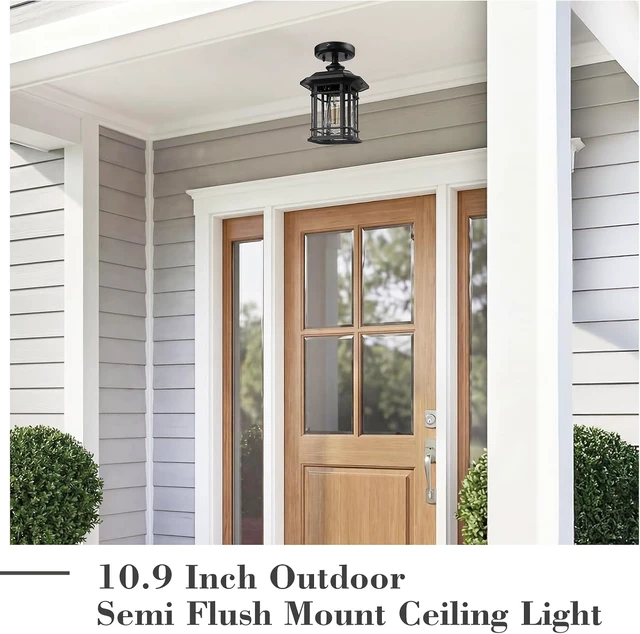Alt view image 2 of 6 - Emliviar Dusk to Dawn Industrial Semi Flush Mount Ceiling Light, 1-Light Outdoor Ceiling Light Fixture with Seeded Glass, Black Finish, 2084F-PC BK