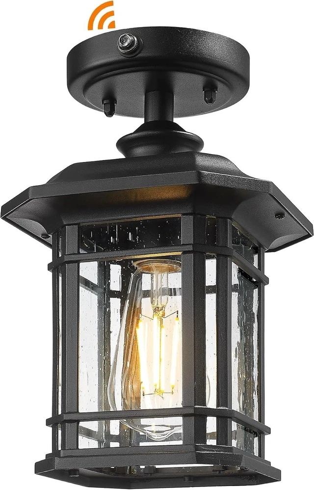 Main image of Emliviar Dusk to Dawn Industrial Semi Flush Mount Ceiling Light, 1-Light Outdoor Ceiling Light Fixture with Seeded Glass, Black Finish, 2084F-PC BK