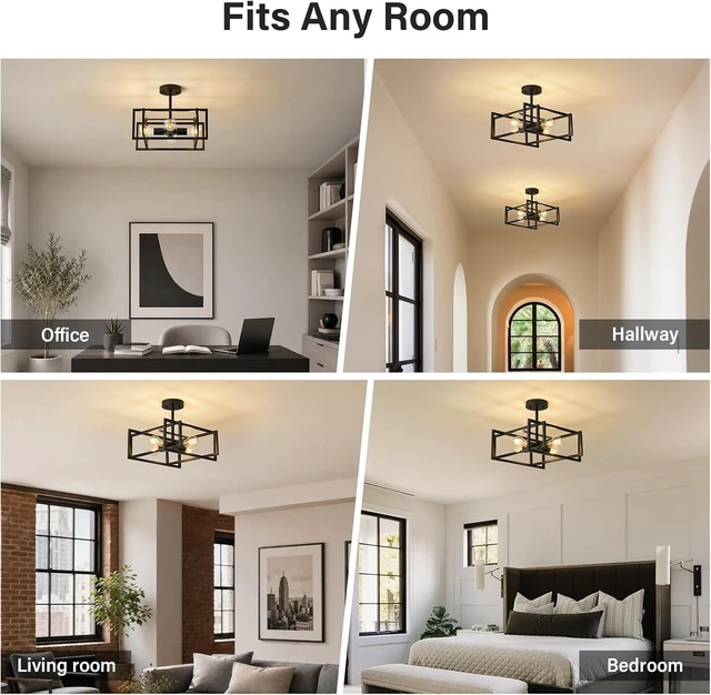 Alt view image 7 of 7 - Black Ceiling Light, 4-Light Semi Flush Mount Kitchen Light Fixture