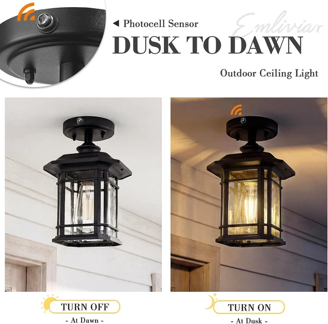 Alt view image 3 of 6 - Emliviar Dusk to Dawn Industrial Semi Flush Mount Ceiling Light, 1-Light Outdoor Ceiling Light Fixture with Seeded Glass, Black Finish, 2084F-PC BK