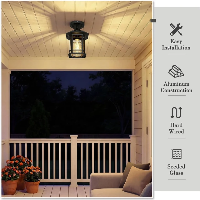 Alt view image 5 of 6 - Emliviar Dusk to Dawn Industrial Semi Flush Mount Ceiling Light, 1-Light Outdoor Ceiling Light Fixture with Seeded Glass, Black Finish, 2084F-PC BK