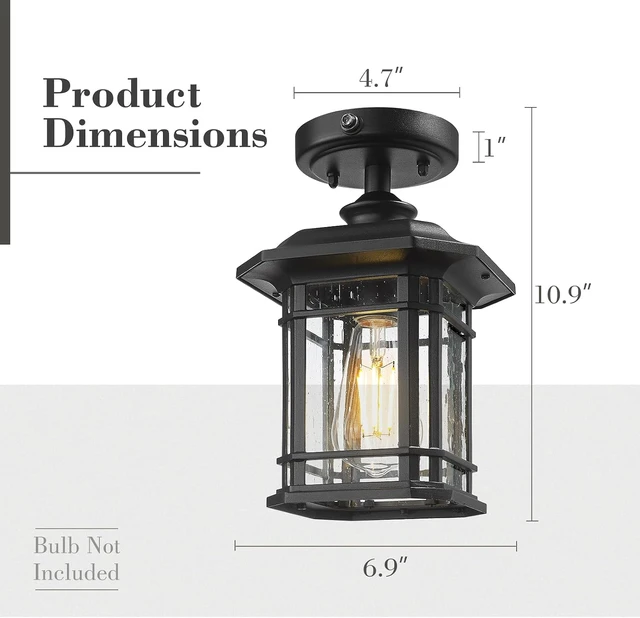 Alt view image 6 of 6 - Emliviar Dusk to Dawn Industrial Semi Flush Mount Ceiling Light, 1-Light Outdoor Ceiling Light Fixture with Seeded Glass, Black Finish, 2084F-PC BK