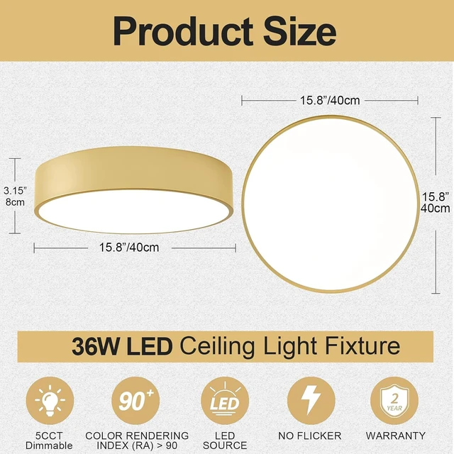 Alt view image 5 of 7 - dimmable LED Ceiling Light Fixture,15.8" 36W,Gold Ceiling Lights