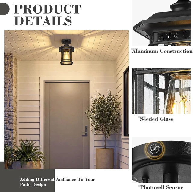 Alt view image 4 of 6 - Emliviar Dusk to Dawn Industrial Semi Flush Mount Ceiling Light, 1-Light Outdoor Ceiling Light Fixture with Seeded Glass, Black Finish, 2084F-PC BK