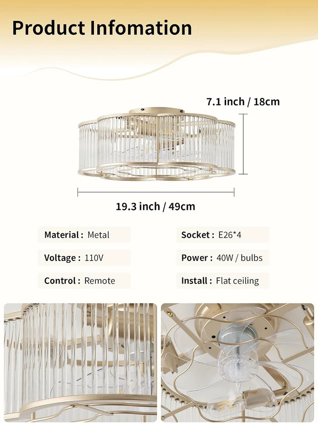 Alt view image 2 of 7 - 20" Boho Ceiling Fan with Lights Flush Mount, Low Profile Ceiling Fans with Lights Remote Control, Fabric with 6 Speeds for Nursery, Bedroom, Kitchen, Clear