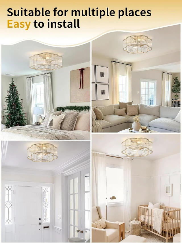 Alt view image 6 of 7 - 20" Boho Ceiling Fan with Lights Flush Mount, Low Profile Ceiling Fans with Lights Remote Control, Fabric with 6 Speeds for Nursery, Bedroom, Kitchen, Clear