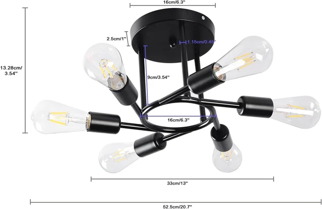 Alt view image 3 of 7 - Finktonglan 6-Light Black Sputnik Semi Flush Mount Ceiling Light, E26