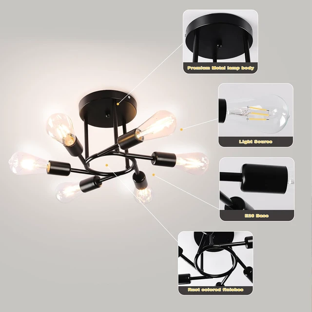 Alt view image 4 of 7 - Finktonglan 6-Light Black Sputnik Semi Flush Mount Ceiling Light, E26
