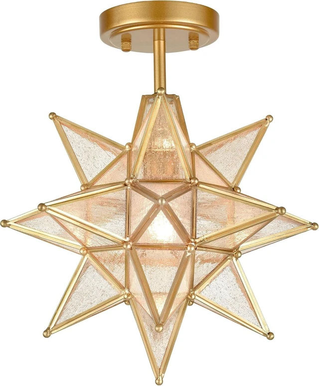 Main image of HYDELITE Brushed Gold Moravian Star Ceiling Light with Seeded Glass