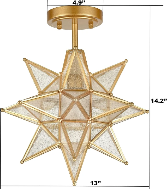 Alt view image 7 of 7 - HYDELITE Brushed Gold Moravian Star Ceiling Light with Seeded Glass