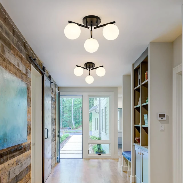 Alt view image 2 of 7 - 3 Light Modern Sputnik Semi Flush Mount Ceiling Light, Black Sputnik Ceiling Light Fixture, 21.65 '' Milky Glass Globe Mid Century Modern Ceiling Lights for Bedroom Hallway Living Room