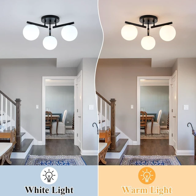 Alt view image 3 of 7 - 3 Light Modern Sputnik Semi Flush Mount Ceiling Light, Black Sputnik Ceiling Light Fixture, 21.65 '' Milky Glass Globe Mid Century Modern Ceiling Lights for Bedroom Hallway Living Room
