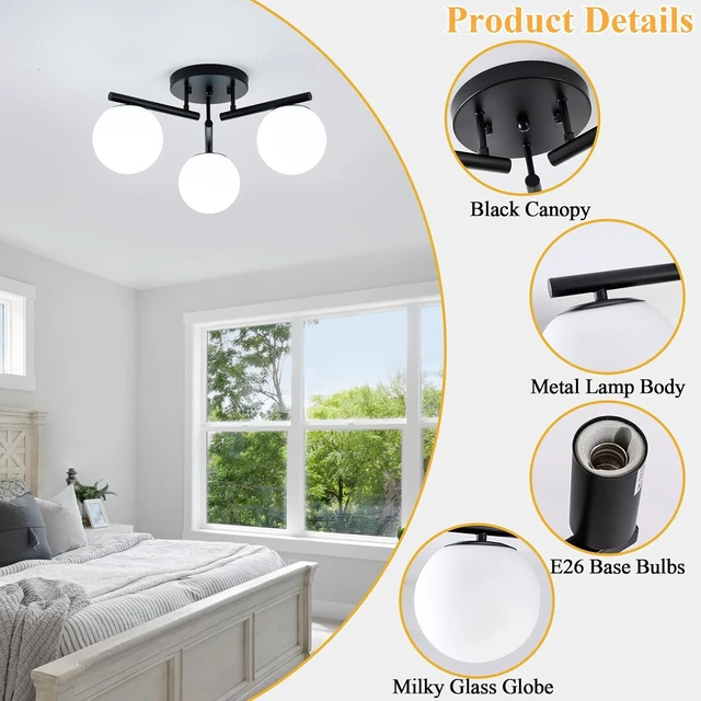 Alt view image 4 of 7 - 3 Light Modern Sputnik Semi Flush Mount Ceiling Light, Black Sputnik Ceiling Light Fixture, 21.65 '' Milky Glass Globe Mid Century Modern Ceiling Lights for Bedroom Hallway Living Room
