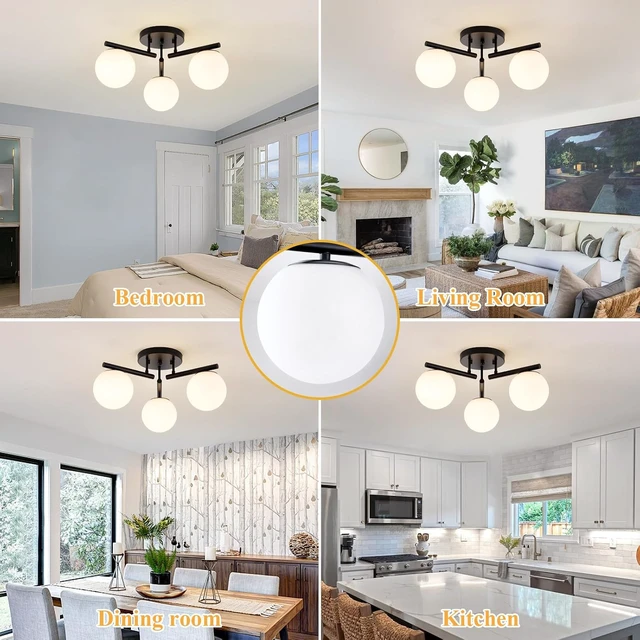 Alt view image 5 of 7 - 3 Light Modern Sputnik Semi Flush Mount Ceiling Light, Black Sputnik Ceiling Light Fixture, 21.65 '' Milky Glass Globe Mid Century Modern Ceiling Lights for Bedroom Hallway Living Room