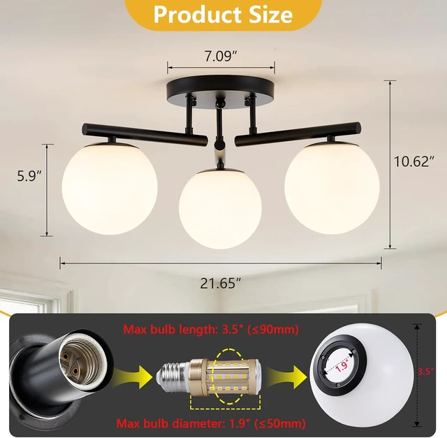 Alt view image 6 of 7 - 3 Light Modern Sputnik Semi Flush Mount Ceiling Light, Black Sputnik Ceiling Light Fixture, 21.65 '' Milky Glass Globe Mid Century Modern Ceiling Lights for Bedroom Hallway Living Room