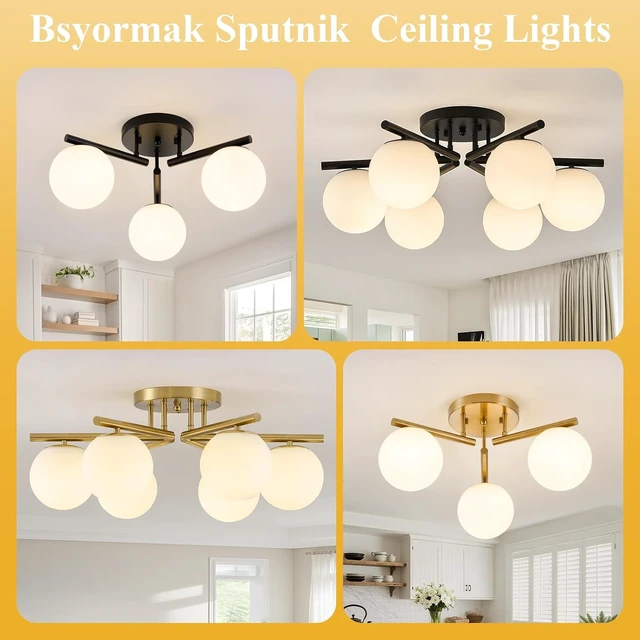 Alt view image 7 of 7 - 3 Light Modern Sputnik Semi Flush Mount Ceiling Light, Black Sputnik Ceiling Light Fixture, 21.65 '' Milky Glass Globe Mid Century Modern Ceiling Lights for Bedroom Hallway Living Room