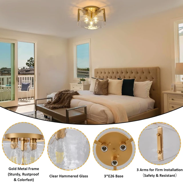 Alt view image 3 of 7 - Modern Semi Flush Mount Ceiling Light Fixture, Gold Hallway Light Fixtures Ceiling Mount, Dimmable Foyer Kitchen Lighting Fixtures Ceiling Lights for Bedroom Bathroom Dining Room Laundry Room Entryway