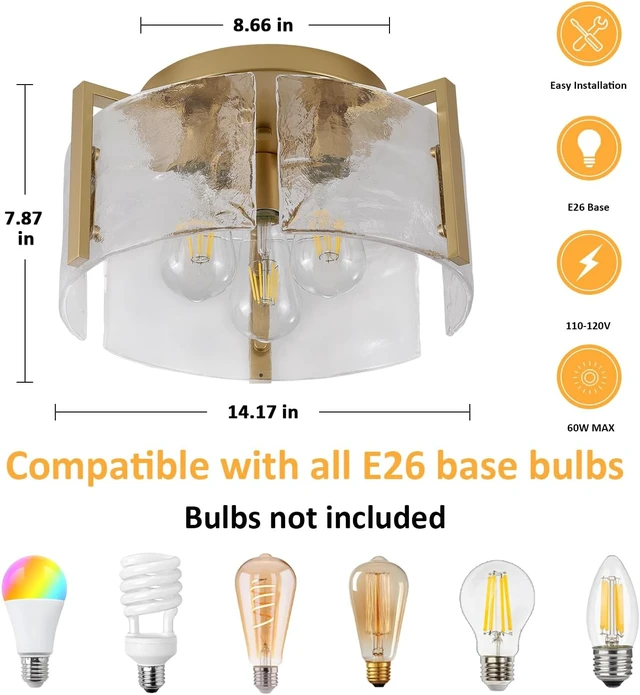 Alt view image 4 of 7 - Modern Semi Flush Mount Ceiling Light Fixture, Gold Hallway Light Fixtures Ceiling Mount, Dimmable Foyer Kitchen Lighting Fixtures Ceiling Lights for Bedroom Bathroom Dining Room Laundry Room Entryway