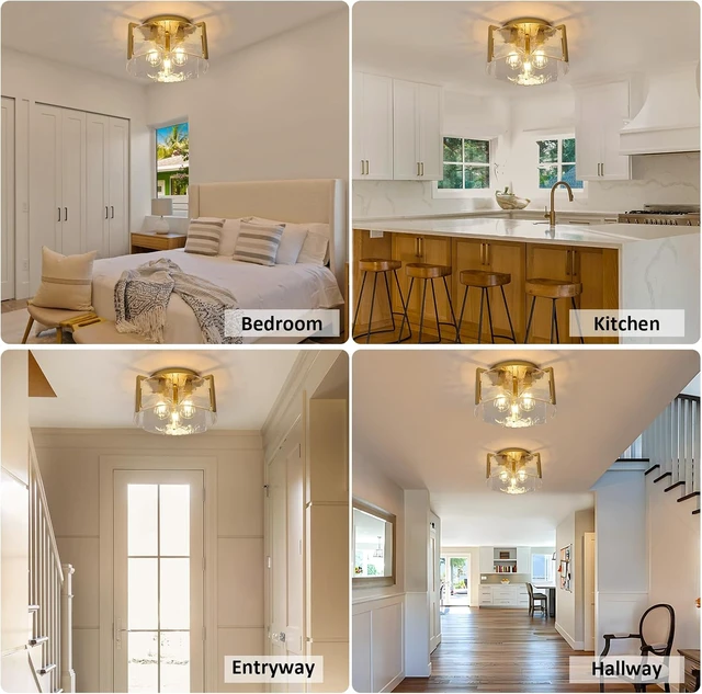 Alt view image 5 of 7 - Modern Semi Flush Mount Ceiling Light Fixture, Gold Hallway Light Fixtures Ceiling Mount, Dimmable Foyer Kitchen Lighting Fixtures Ceiling Lights for Bedroom Bathroom Dining Room Laundry Room Entryway